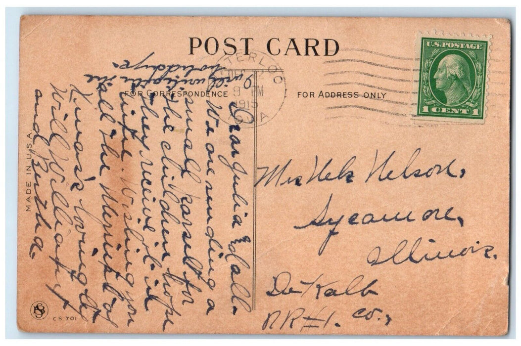 1915 Merry Christmas Children Sledding In Winter With Gift Waterloo IA Postcard