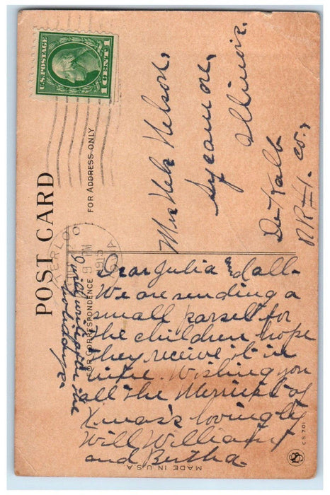 1915 Merry Christmas Children Sledding In Winter With Gift Waterloo IA Postcard