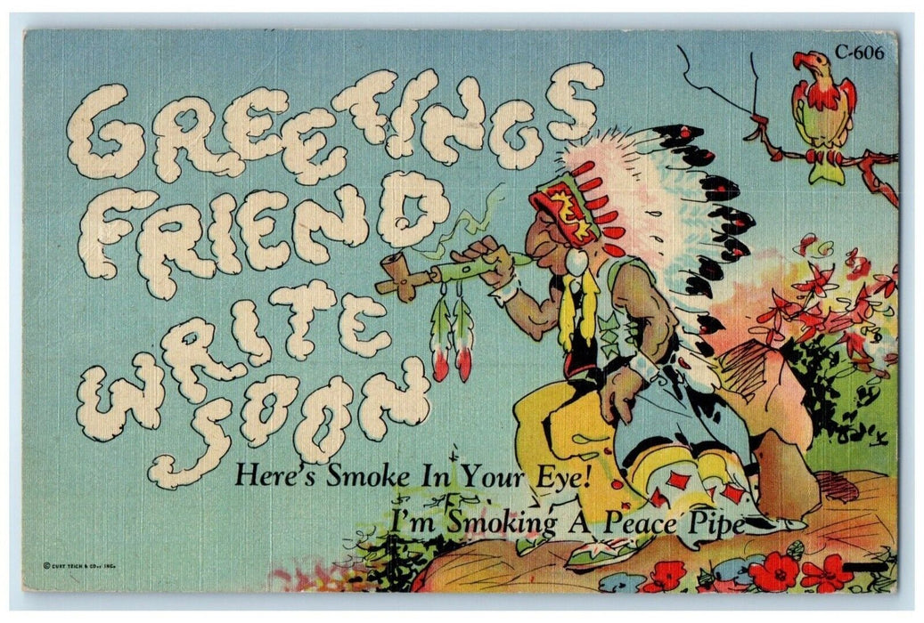 1950 Greetings Friends Write Soon Indian American Smoking Minocqua WI Postcard