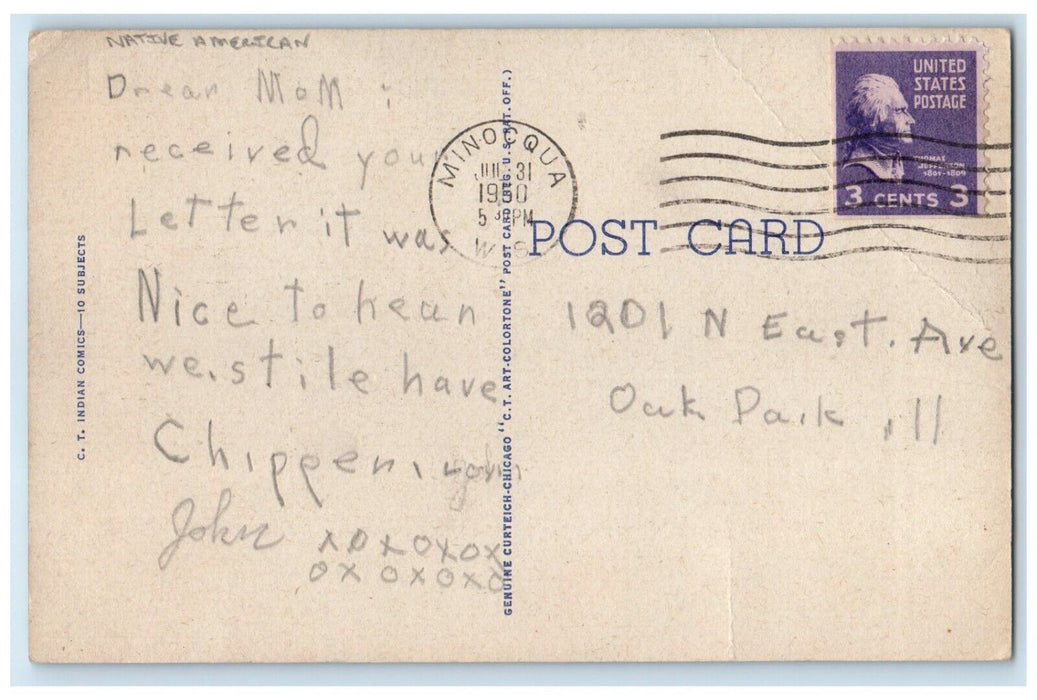 1950 Greetings Friends Write Soon Indian American Smoking Minocqua WI Postcard