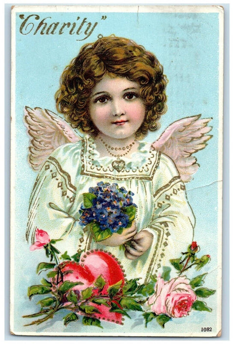 1910 Charity Girl Angel With Flowers Heart Sycamore Illinois IL Antique Postcard