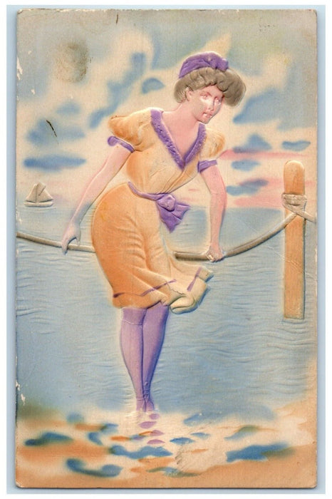 1909 Woman On Beach Sailboat Airbrushed Embossed Belmont New York NY Postcard