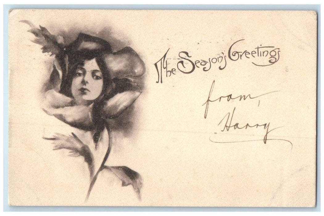 1906 The Season's Greetings Woman Head In Flower Detroit Michigan MI Postcard