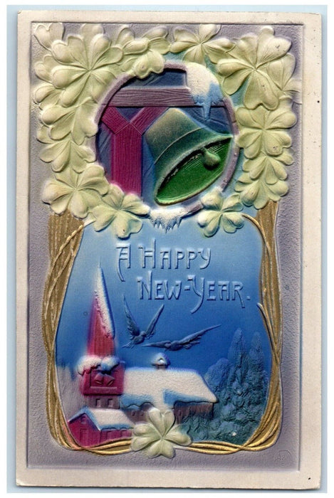 1909 Happy New Year Ringing Bell Flowers House Airbrushed Embossed Postcard