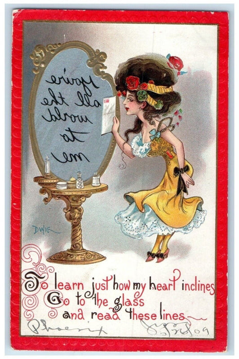 1909 Pretty Woman Mirror Embossed Phoenix Arizona AZ Dwig Antique Postcard