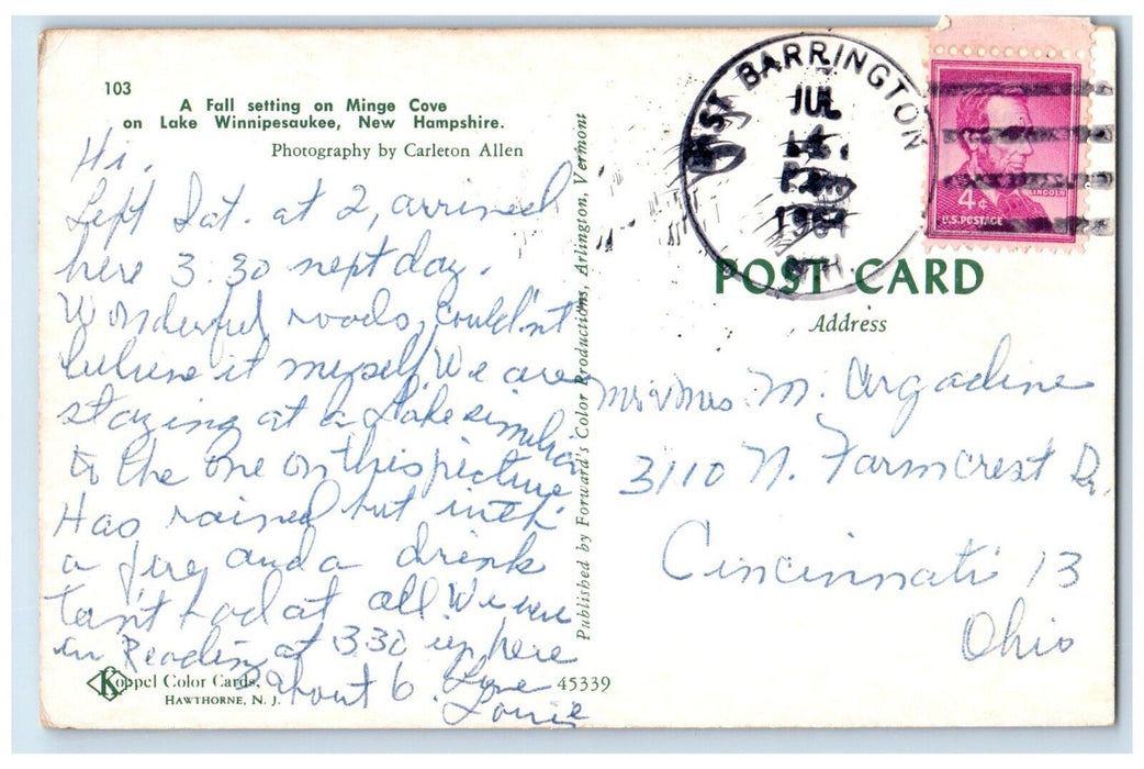 1964 Fall Setting Minge Cove Lake Winnipesaukee New Hampshire Vintage Postcard