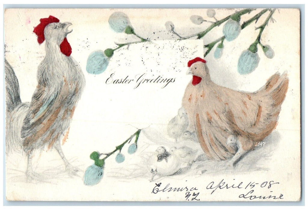 1908 Easter Greetings Chicken Hen Hatched Egg Chicks Pipe Berry Antique Postcard