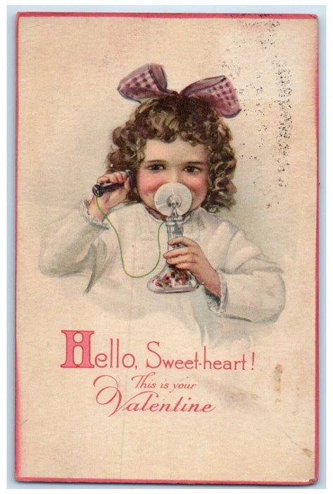 1917 Valentine Cute Girl Talking Telephone Cleveland Ohio OH Antique Postcard