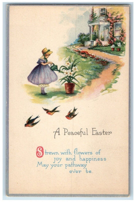 Easter Woman Strewn With Flowers Watering Can Lily Flowers Birds Postcard