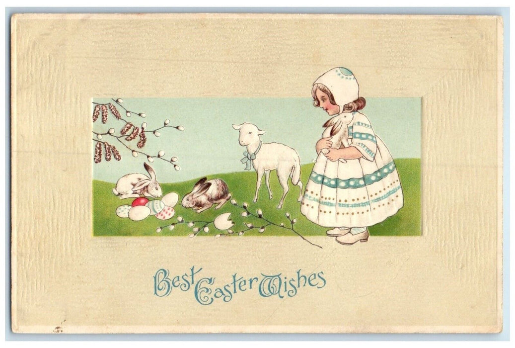 c1910's Easter Wishes Girl Holding Bunny Rabbits Eggs Pipe Berry Sheep Postcard