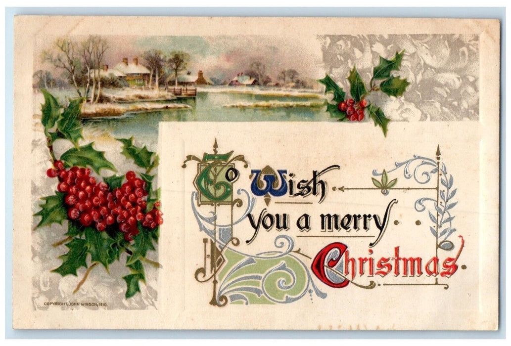 c1910's Christmas Holly Berries Houses River John Winsch Artist Signed Postcard