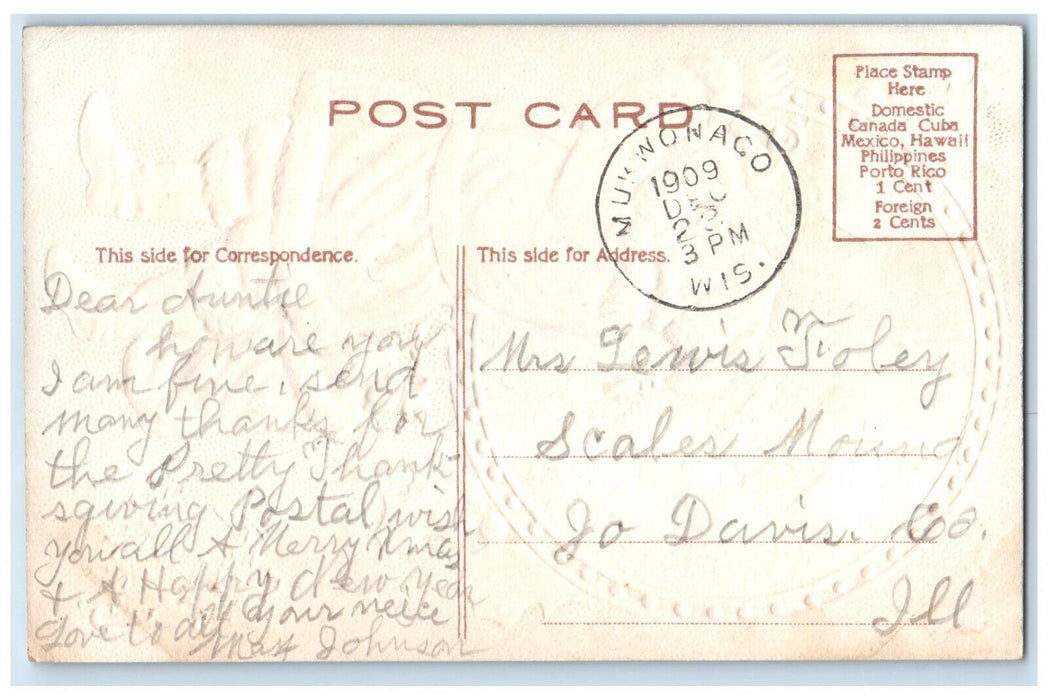 1909 Christmas Santa Claus Sack Of Toys Holly Berries Houses Embossed Postcard