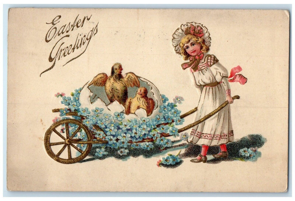 1909 Easter Greetings Woman Pulling Cart Pansies Flowers Hatched Chicks Postcard