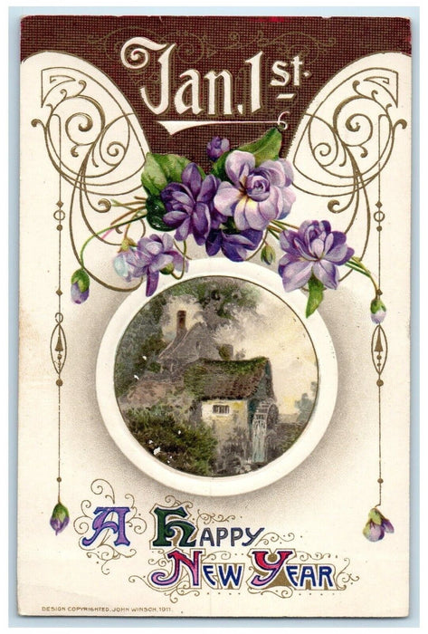 1912 New Year Flowers House John Winsch Artist Signed Berlin Ontario Postcard