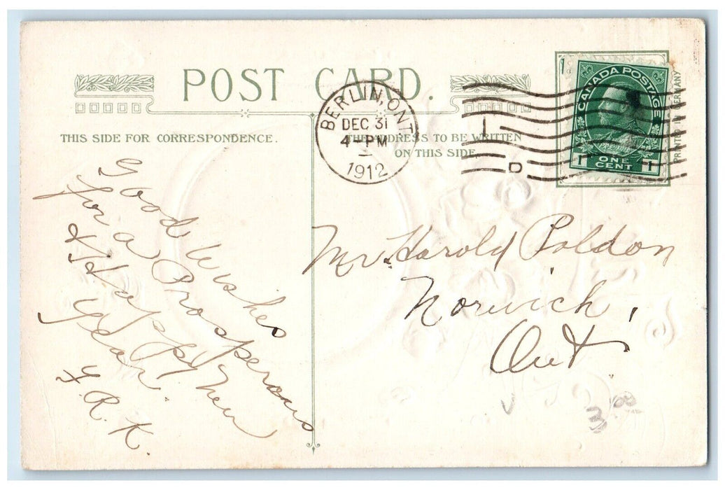 1912 New Year Flowers House John Winsch Artist Signed Berlin Ontario Postcard