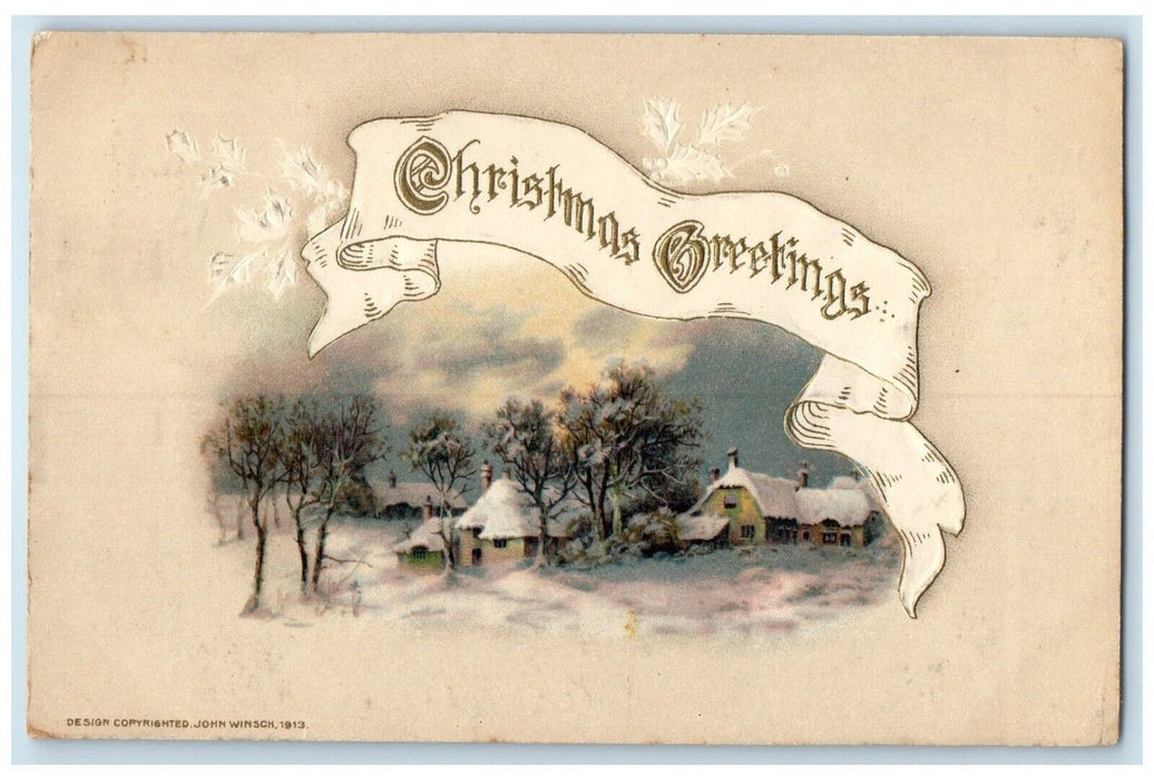 Christmas Greetings Houses Trees Winter John Winsch Artist Signed Postcard