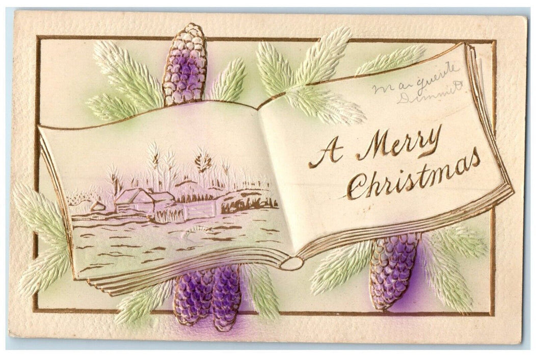 c1910's Merry Christmas Book Pine Cone Airbrushed Embossed Antique Postcard