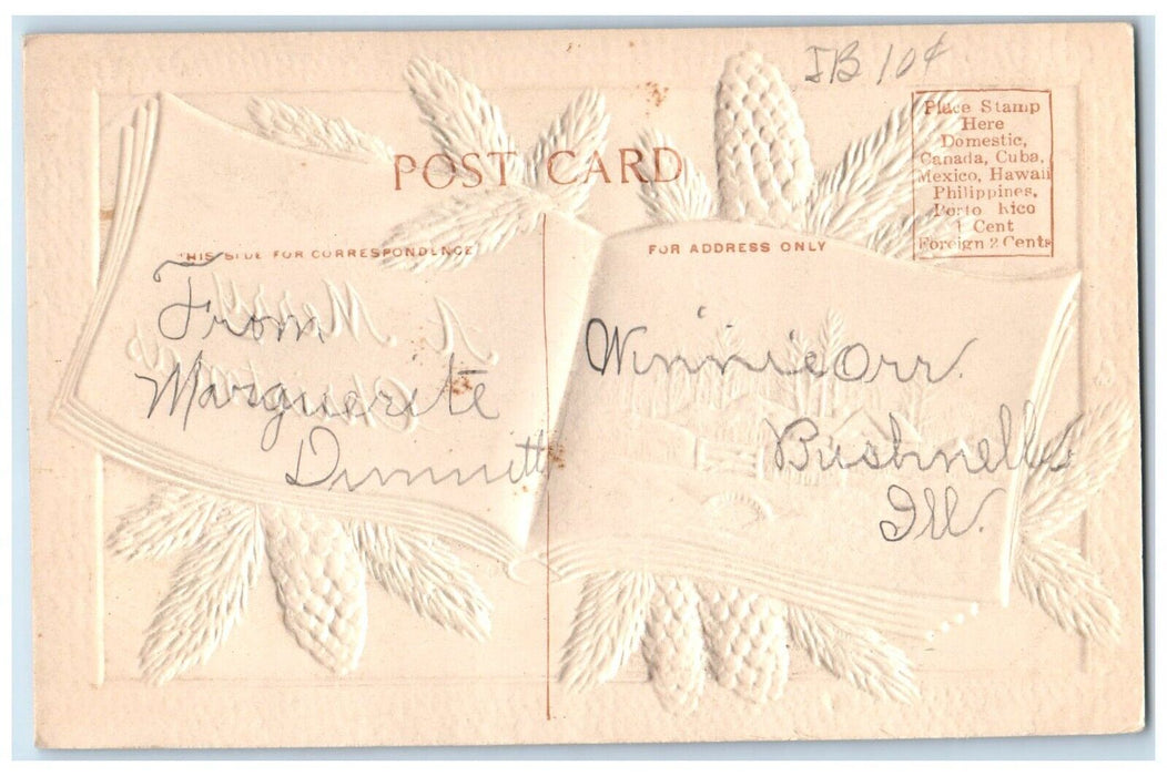 c1910's Merry Christmas Book Pine Cone Airbrushed Embossed Antique Postcard