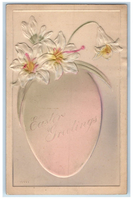 c1910's Easter Greetings Egg Lilies Flowers Embossed Posted Antique Postcard