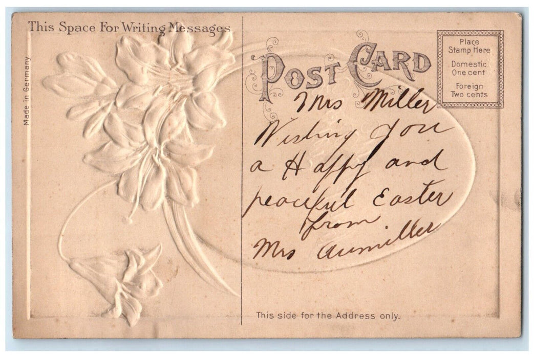 c1910's Easter Greetings Egg Lilies Flowers Embossed Posted Antique Postcard