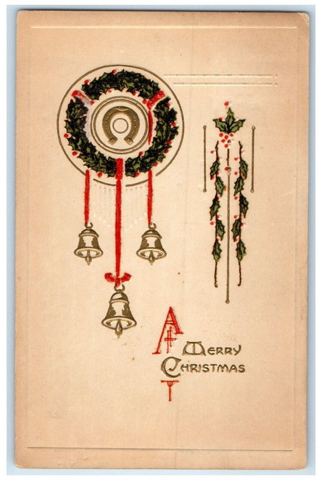c1910's Merry Christmas Minimalist Ringing Bells Holly Berries Embossed Postcard