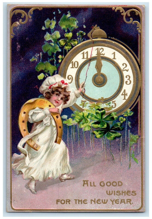 1909 New Year Girl Horseshoe Ringing Clock Shamrock Embossed Tuck's Postcard