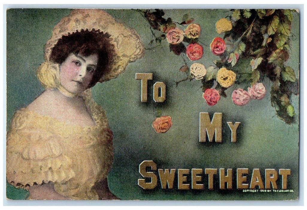 1909 Valentine Woman Big Hat Flowers Hicksville Ohio OH Posted Antique Postcard