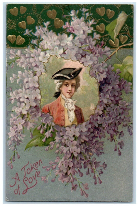 c1910's Valentine Woman Pansies Flowers Hearts Embossed Nash Antique Postcard