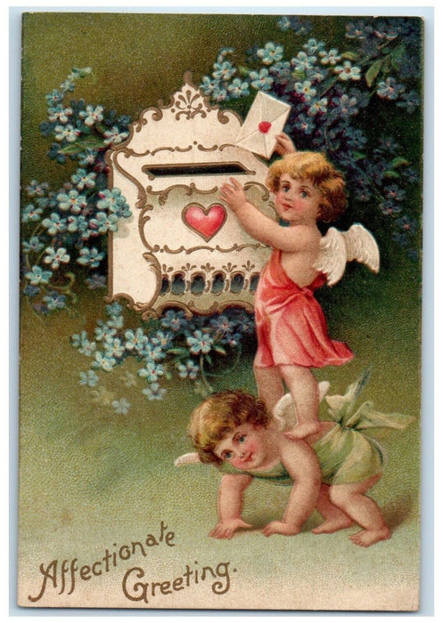 1908 Valentine Greeting Angels Dropping Letter Pansies Clapsaddle Postcard