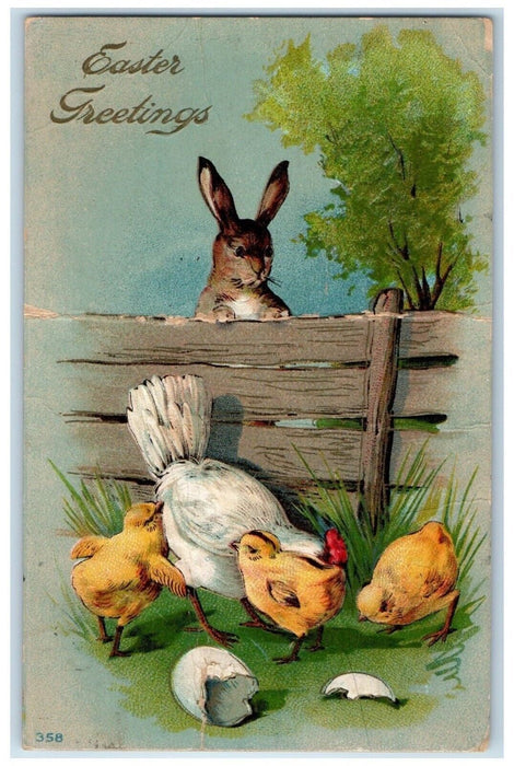 1911 Easter Greetings Rabbit Chicken Hen Chicks Hatched Egg Embossed Postcard