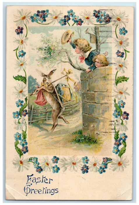 1909 Easter Greetings Anthropomorphic Rabbit Children Daisy Hammond IN Postcard