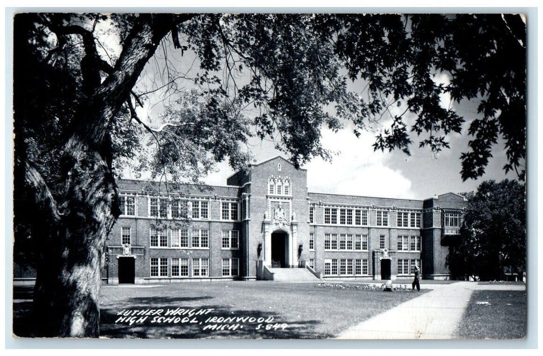 1948 Luther Wright High School Building View Ironwood MI RPPC Photo Postcard
