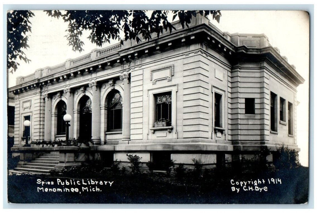 1914 Spies Public Library View Menominee Michigan MI RPPC Photo Posted Postcard