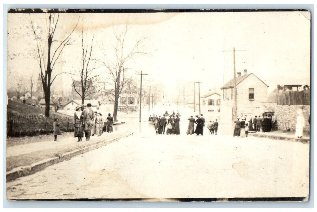 1913 Flood Disaster Boat Men Women Children Dayton KY RPPC Photo Posted Postcard