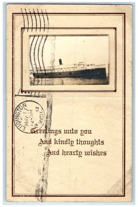 1912 Steam Ship Car Ferry View Ludington Michigan MI RPPC Photo Postcard