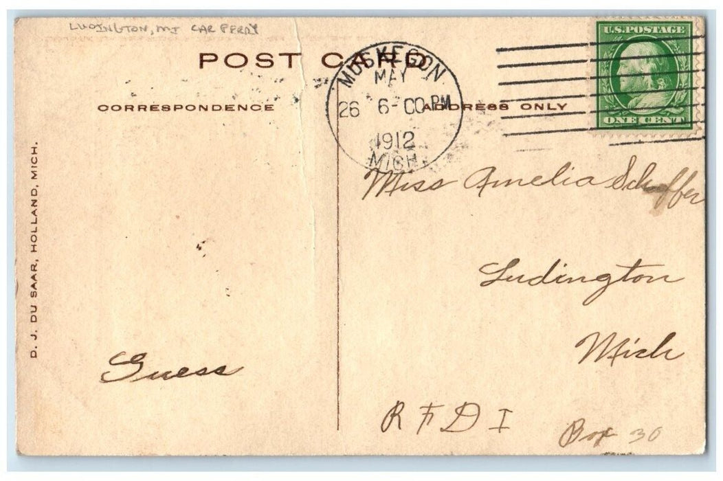 1912 Steam Ship Car Ferry View Ludington Michigan MI RPPC Photo Postcard