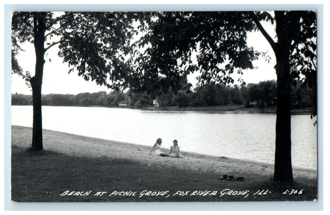 1940 Beach At Picnic Grove Fox River Grove Illinois IL RPPC Photo Postcard