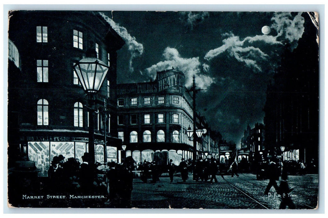 1903 Moonlight at Market Street Manchester England D.F. & Co. Series Postcard