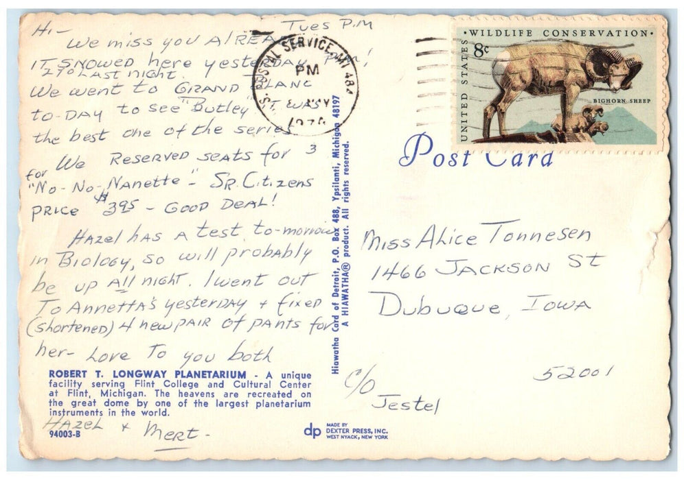 1974 Robert Longway Planetarium Flint College Cultural Center Flint MI Postcard