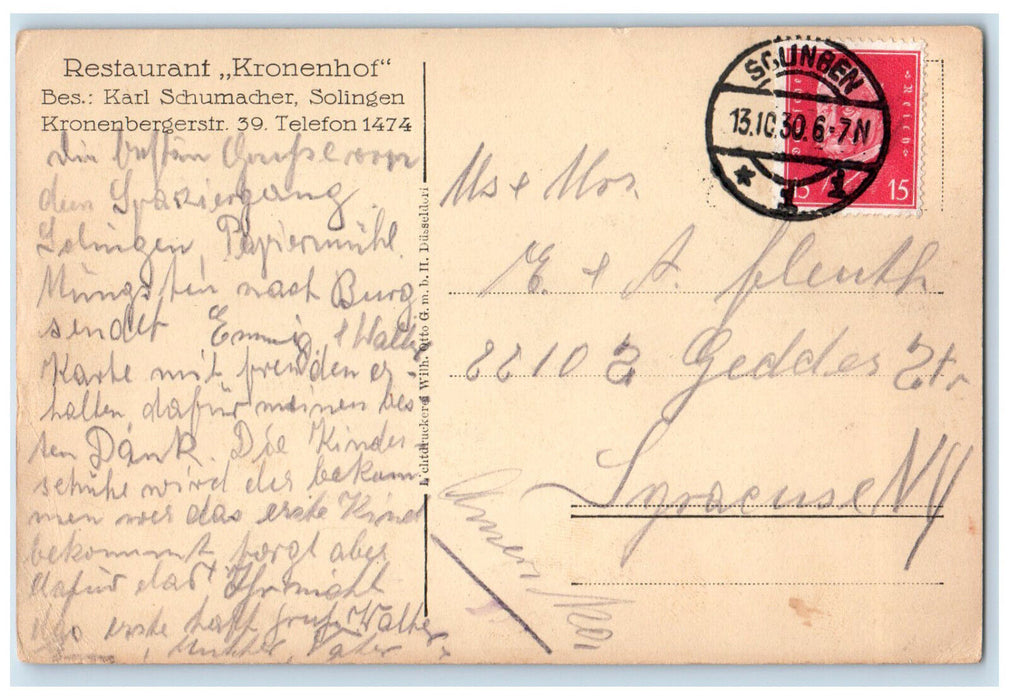 1930 Restaurant Kronenhof Cronenberger Str. Wuppertal Germany Postcard