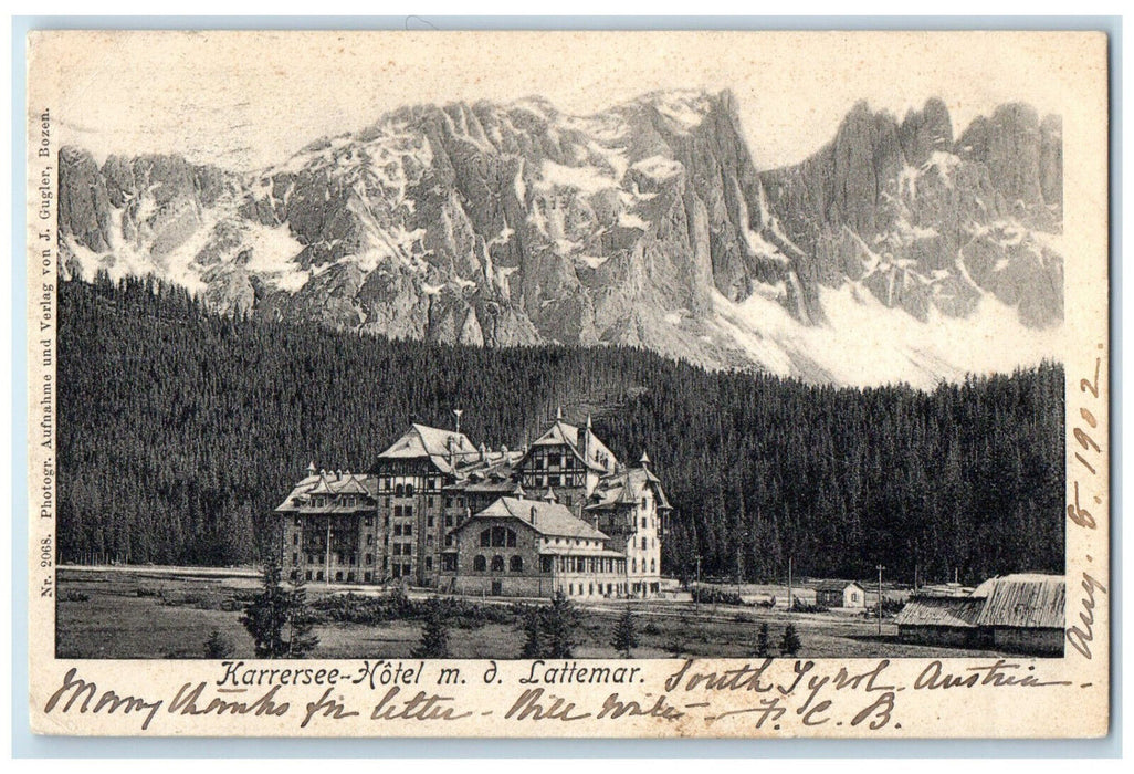 1902 View of Karersee-Hotel m. d. Latemar Italy Posted Antique Postcard