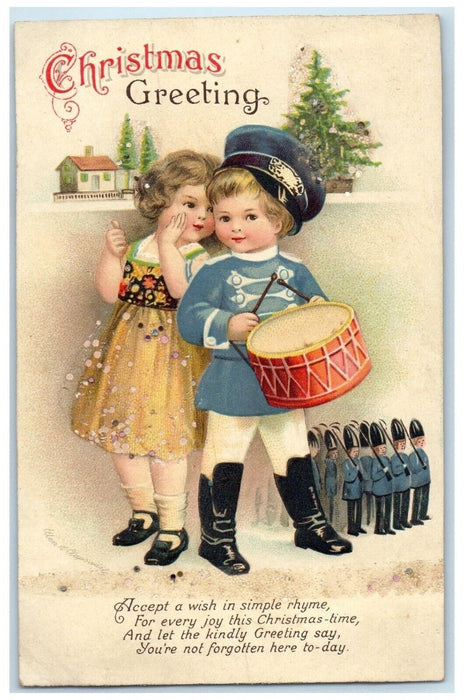 c1910's Christmas Greeting Children Drummer Clapsaddle Embossed Antique Postcard