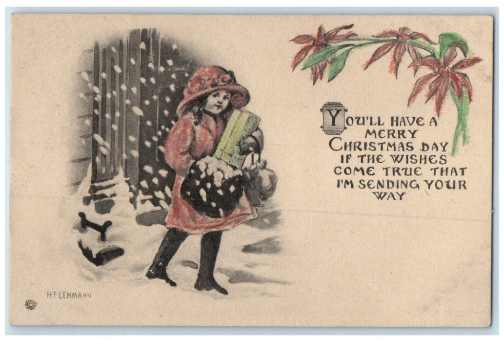 c1910's Christmas Girl Holding Gift Snowfall Winter Poinsettia Flowers Postcard