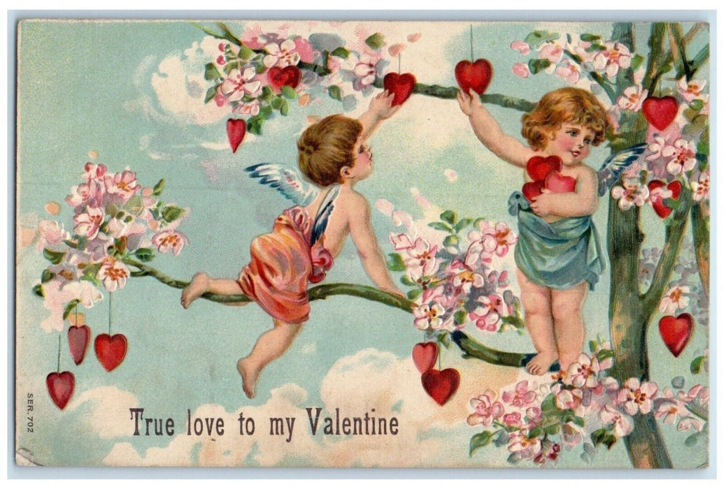 Valentine Cupid Angels Harvesting Hearts Flowers Embossed Antique Postcard