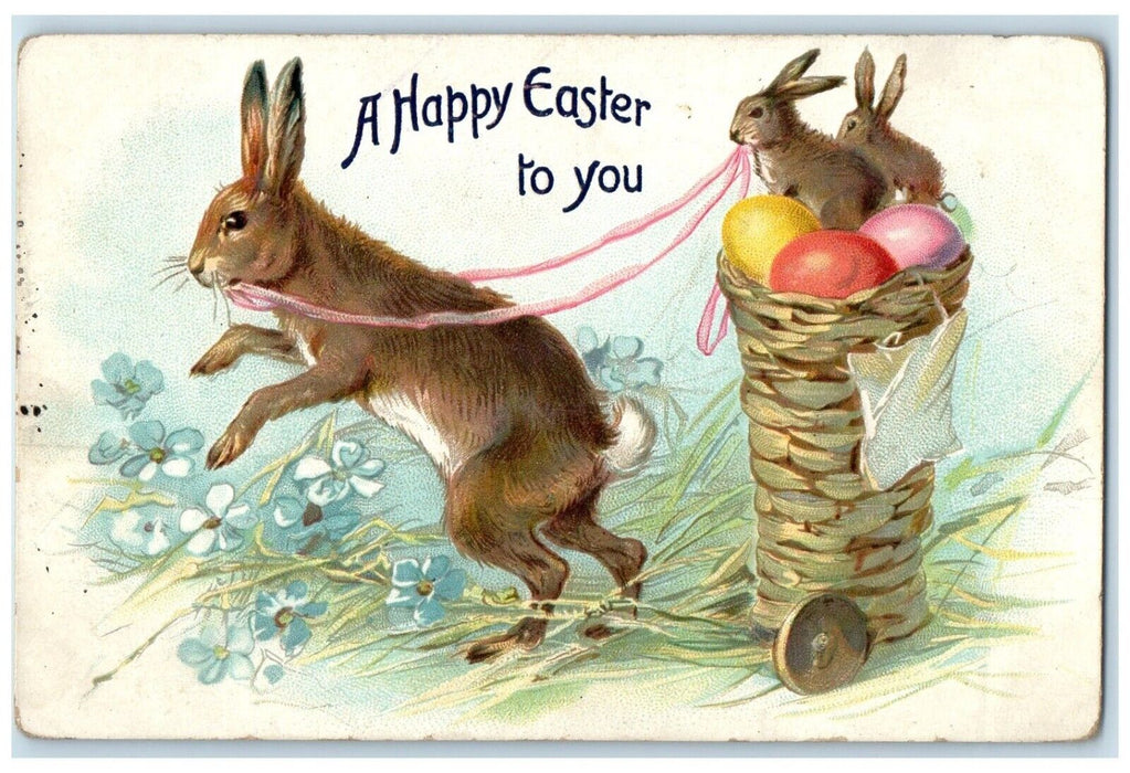 c1910's Happy Easter Rabbit Pulling Basket Of Eggs Bunnies Tuck's Postcard