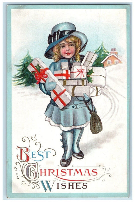 c1910's Christmas Wishes Girl Holding Gifts Purse Winter Embossed Postcard
