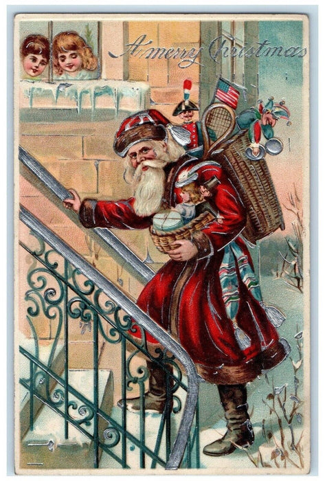 c1910's Merry Christmas Santa Claus Sack Of Toys Patriotic Embossed Postcard