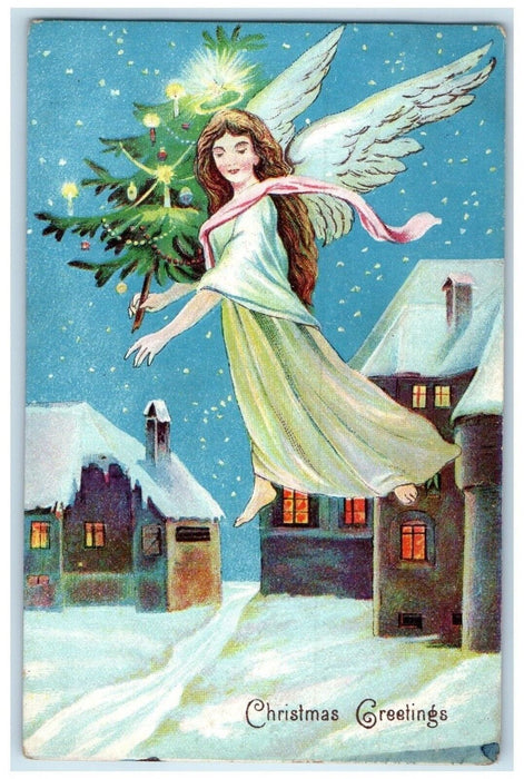 c1910's Christmas Greetings Angel Floating With Christmas Tree Embossed Postcard