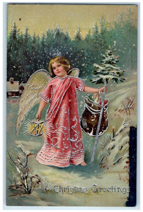 c1910's Christmas Greetings Angel Holding Sack Of Toys Lantern Embossed Postcard