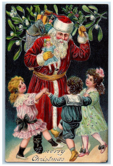 c1910's Christmas Santa Claus Sack Of Toys Children Berries Mistletoe Postcard